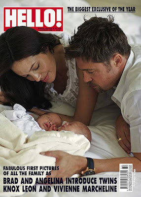 Hello Magazine showing the Brad, Anjelina's Twins Photos - Vivienne, Knox