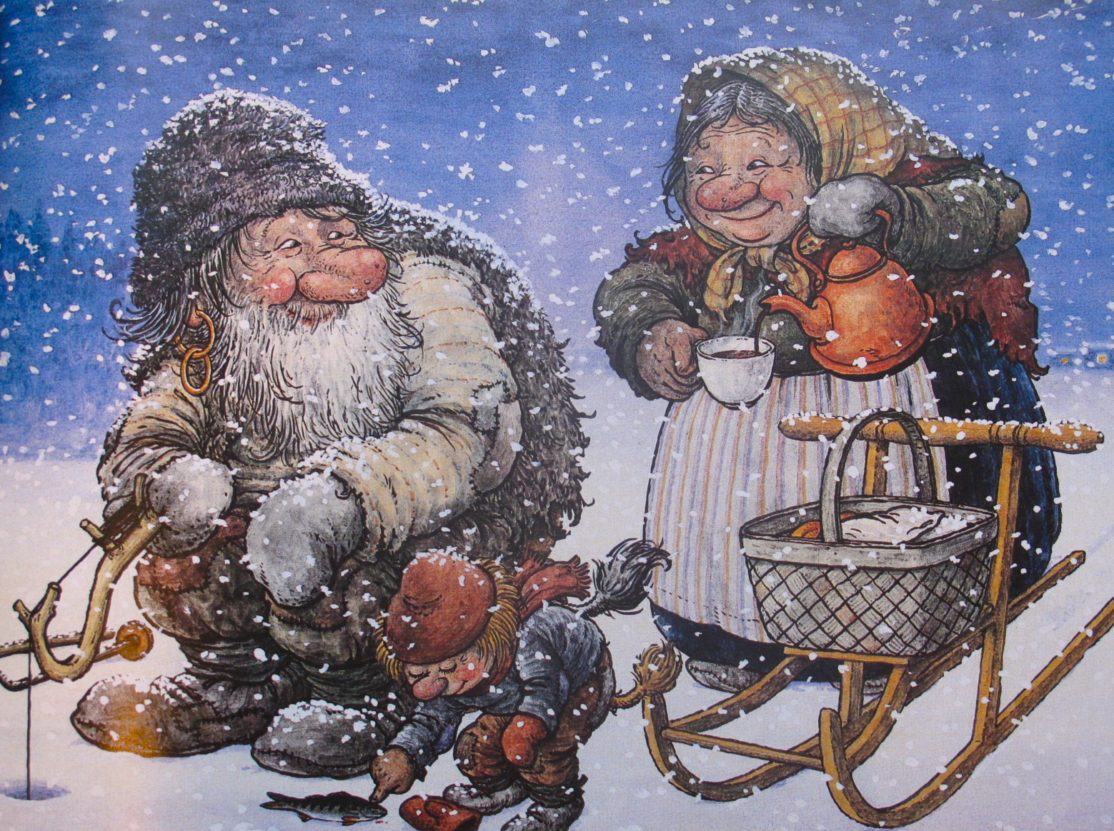Под новый год бабушка всегда почему то. Новогодние сюжеты. Веселые зимние иллюстрации. Забавные зимние открытки. Старик на санях.