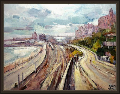 TARRAGONA-BALCON-MEDITERRANEO-ESTACION-FERROCARRILES-PAISAJES-PINTURA-CUADROS-ERNEST DESCALS