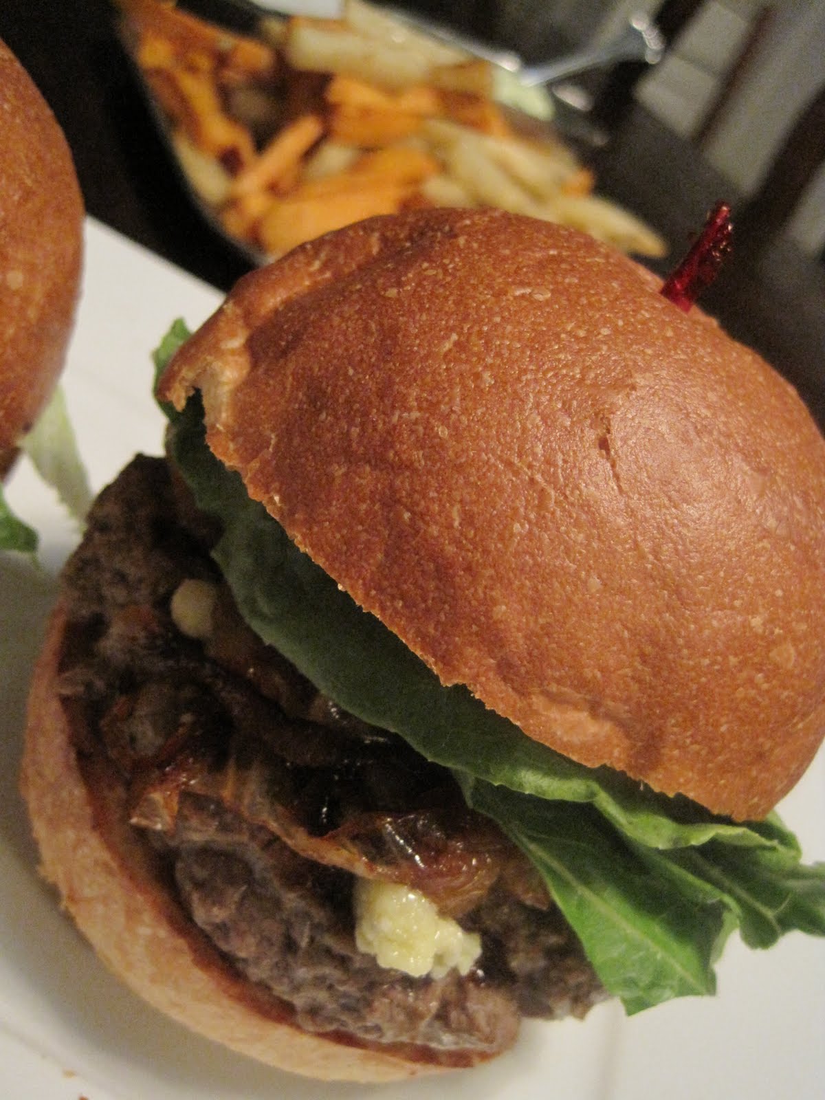 Baking and Eggs Bison Burgers with Bleu Cheese and Caramelized Onions