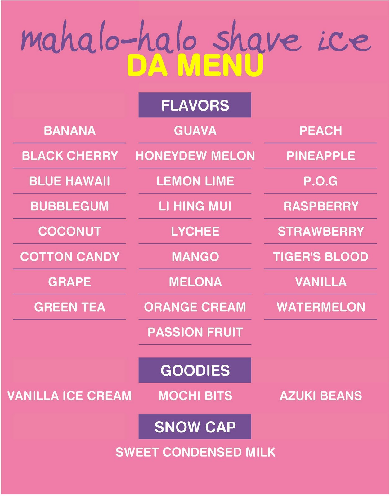 Mahalohalo Shave Ice Menu