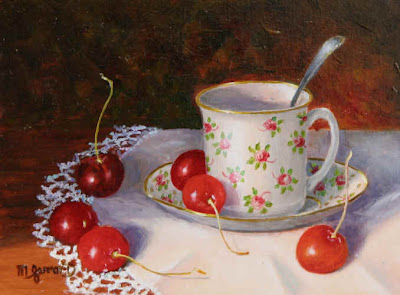 Still life painting. Teacup and Cherries by Maimie Gerrard
