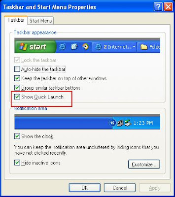 enable quick launch in taskbar properties