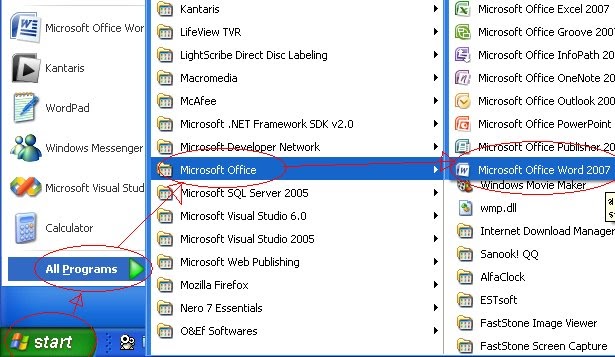 การใช้ Microsoft Office Word (Ms Word): ขั้นตอนการเปิด Microsoft Office  Word 2007 ( Ms Word 2007 ) ขึ้นมาทำงานครั้งแรก