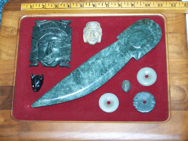 Jadeite item plaque - masks & ceremonial knife