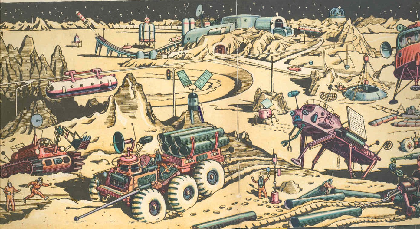Das Bild stammt aus dem Heft Statsiia Luna (also Mondstation) von 1965 beziehungsweise. aus einem gleichnamigen Kinderbuch von 1974.