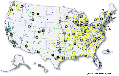 United States map of AT&T Wifi hot spots locations 