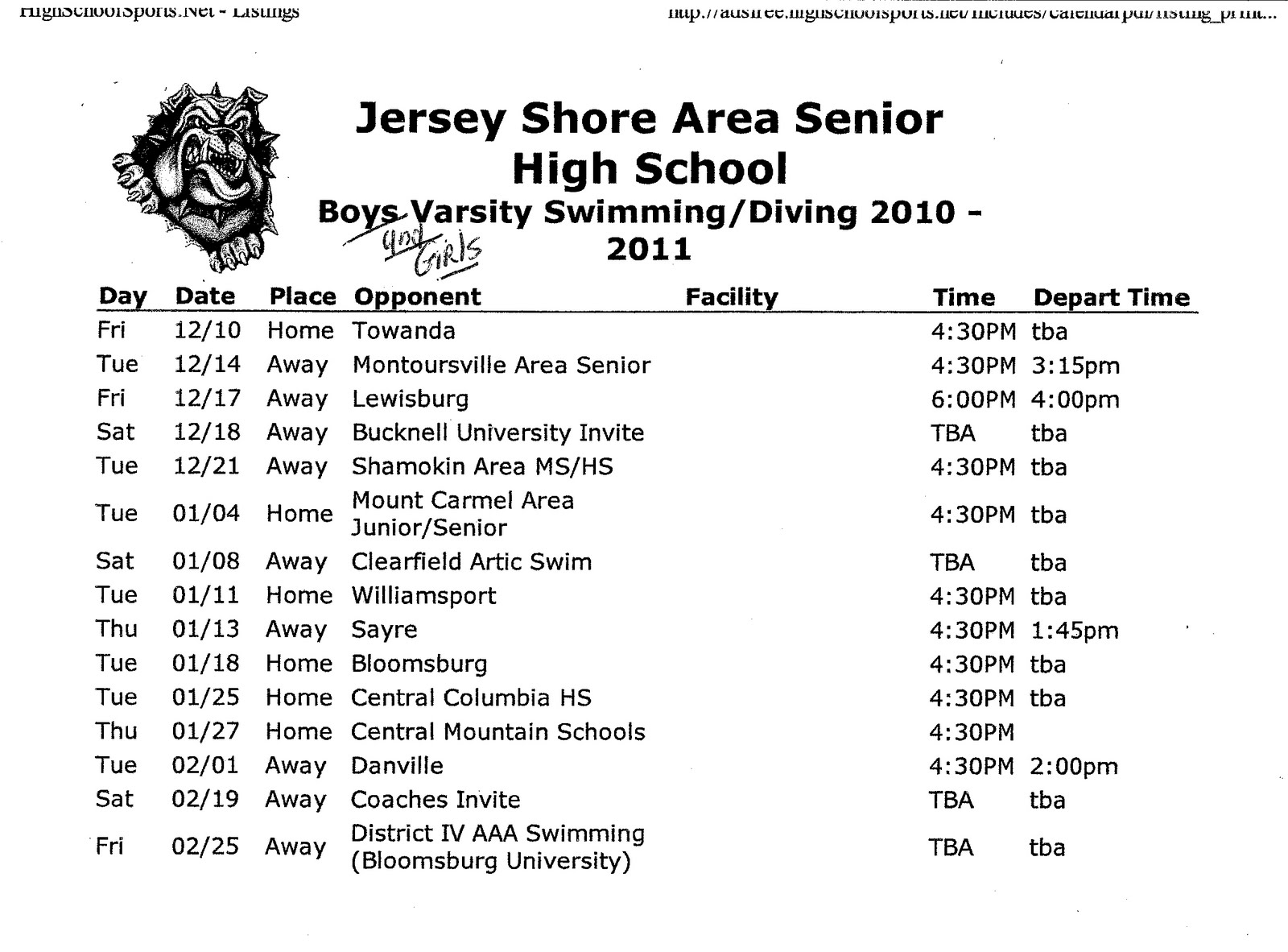 Jersey Shore (PA) Swim: Jersey Shore High School Swim Schedule Set
