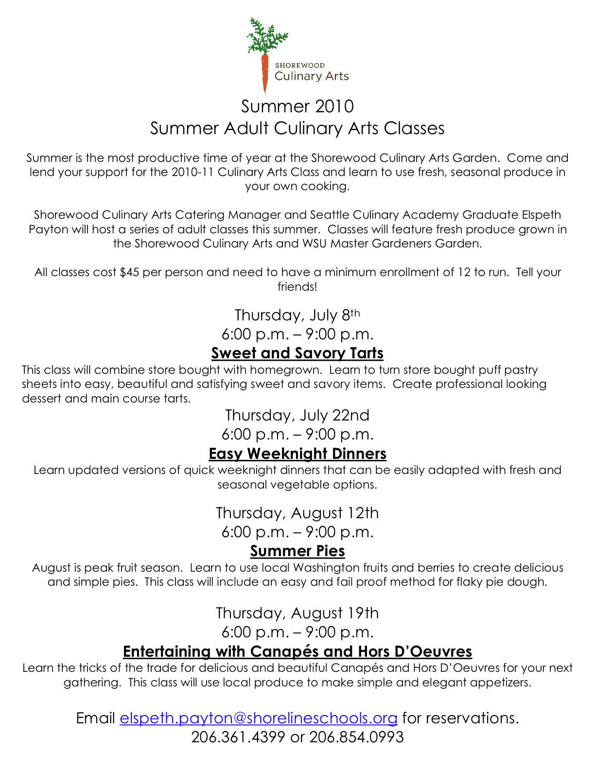 Shoreline Area News Summer Adult Culinary Arts classes