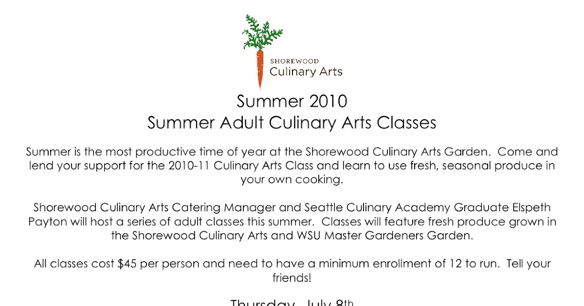 Shoreline Area News Summer Adult Culinary Arts classes