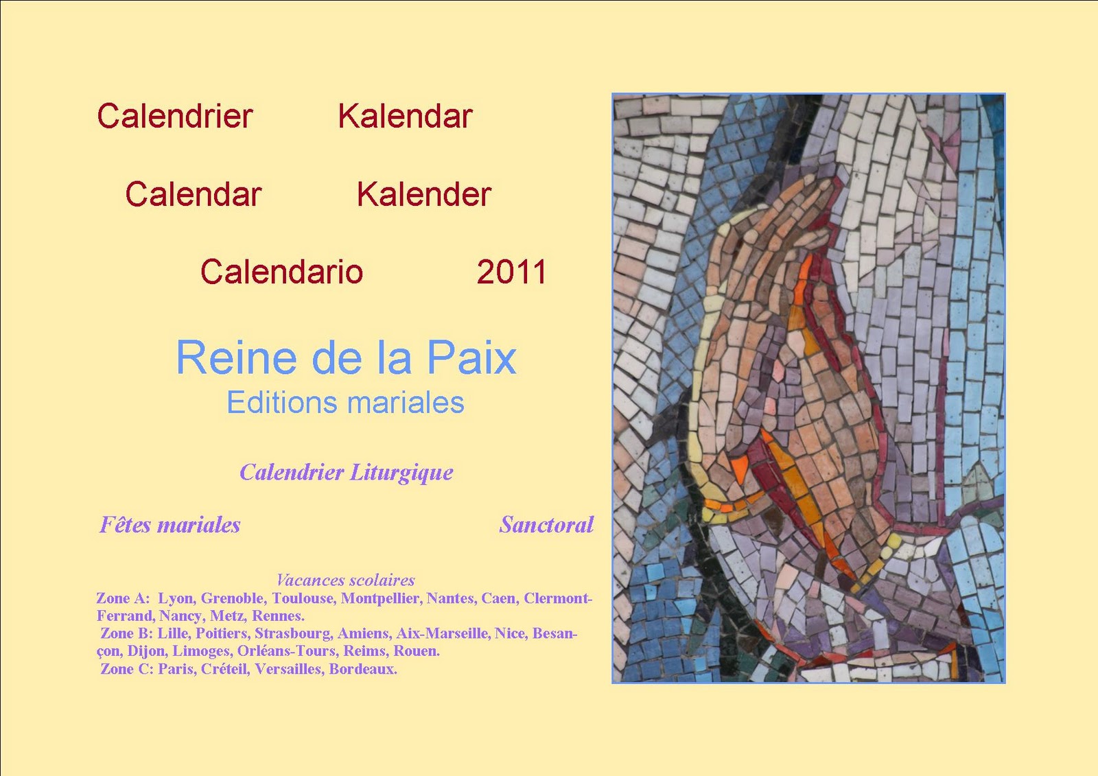 Coeur Immaculé de Marie Calendrier 2011 Reine de la Paix