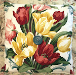 50's Fabric TULIPS 15 Inch Decorator Throw PILLOW with Vintage Button