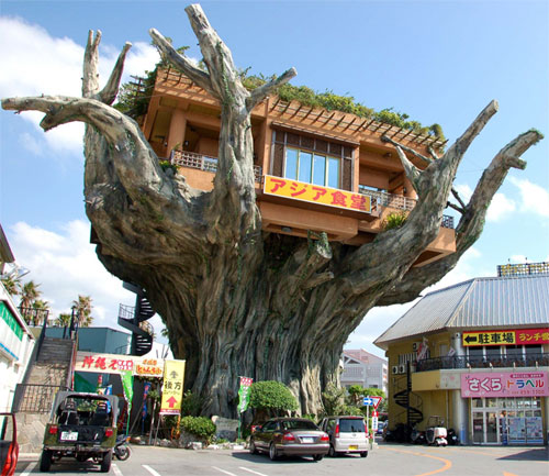 Okinawa Tree House - Restaurante suspenso que fica em frente ao Parque Onoyama, no sul do Japão.
