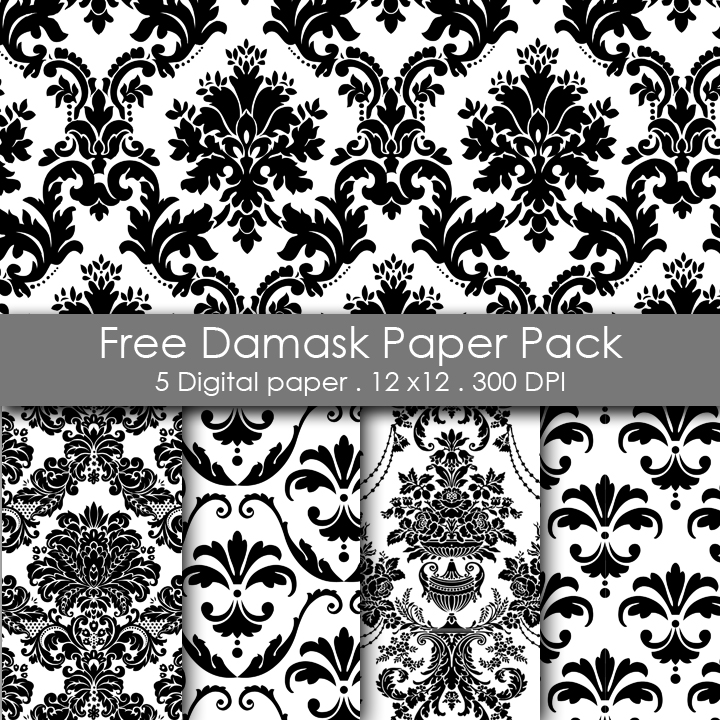 Free Printable white and black Damask Paper Pack 12x12 inch 300 DPI