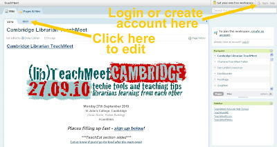 Screenshot of camlibtm page on PBWorks, showing how to login and edit