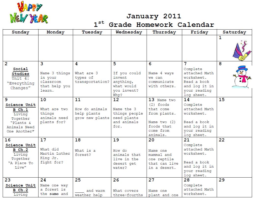 Lyndon Baines Johnson Elementary School First Grade January Homework