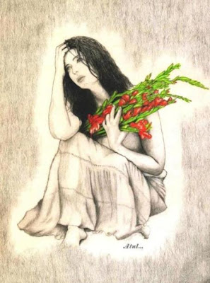 Drawing of a girl waiting for boy friend with flower in hand