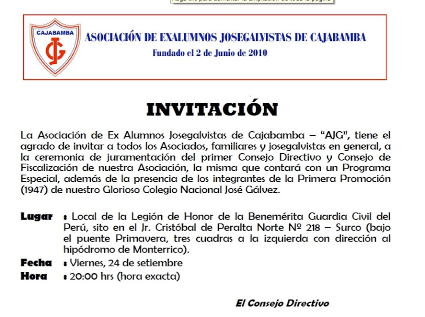 Invitación a la juramentación del consejo directivo de ex alumnos josegalvistas en Lima