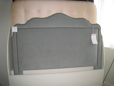 Upholstered dusty blue suede headboard with nail head trim from HD Buttercup