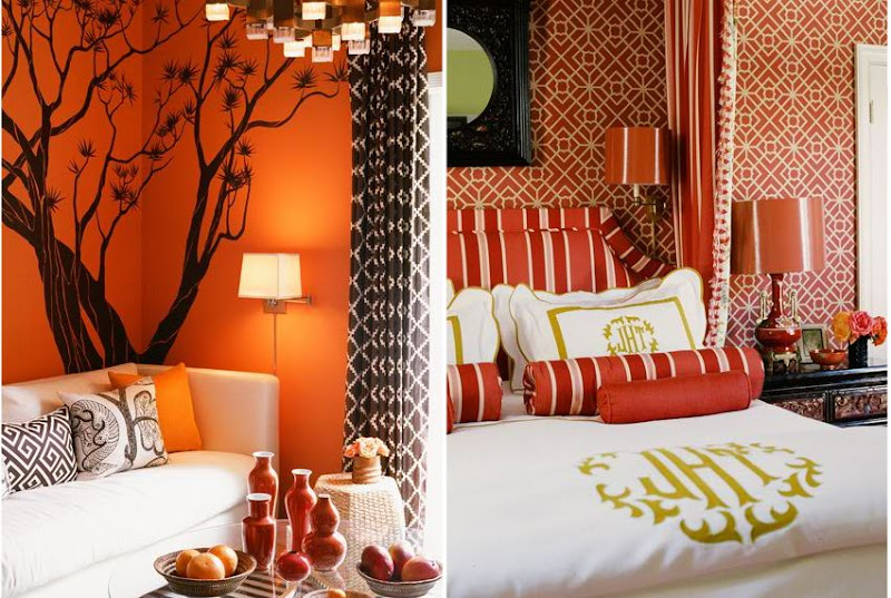 On the left is an orange living room with a white sofa, orange walls with a tree decal, brown and white graphic print curtains and a glass table with orange bottles and a bowls of fruit. On the right is a red bedroom with upholstered red and white striped headboard, graphic red and white wallpaper, red lamps and white bedding with lime green embrodiery