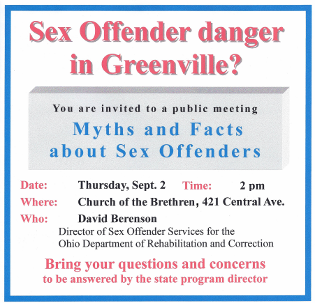 Public meeting: Myths and Facts about Sex Offenders - September 2nd.