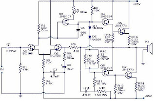  watt diatas adalah merupakan rangkaian  amplifier yang cukup sederhana dan menggunakan tr Skema Rangkaian Power Amplifer 100 Watt