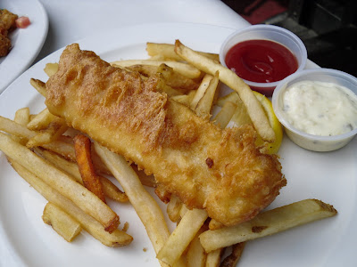 Half portion of fish & chips at Charlie Don't Surf in White Rock, BC.