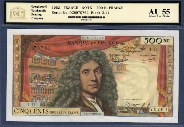 France currency money banknotes Moliere 500 French Nouveaux Francs