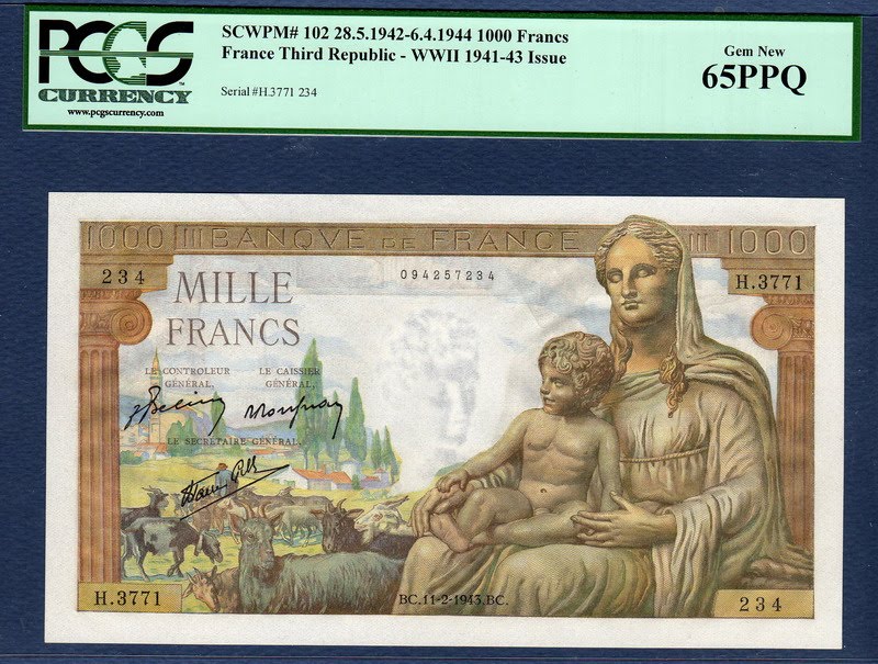 France currency banknotes values 1000 French Francs