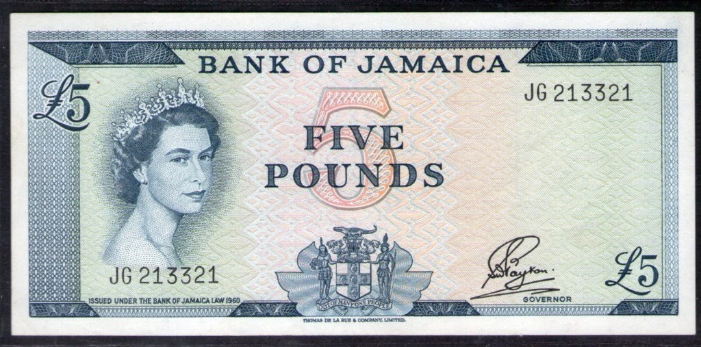 Jamaica banknotes 5 Pounds note of 1960 Queen Elizabeth II|World