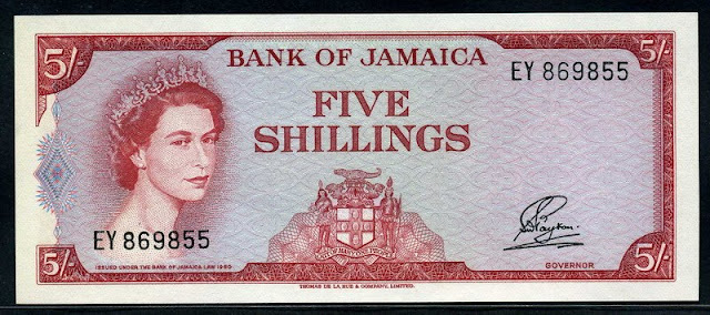 Jamaica money currency 5 Shillings banknote Queen Elizabeth