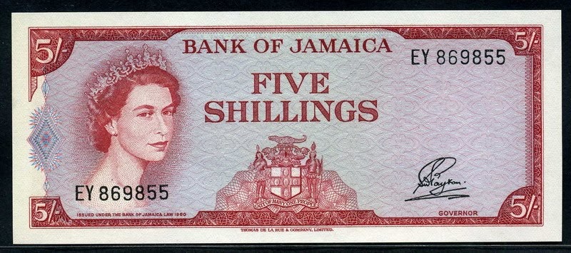 Jamaican banknotes 5 Shillings note 1960 Queen Elizabeth II|World