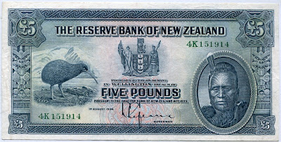 New Zealand banknotes 5 Pounds Maori Chief Kiwi money pictures images