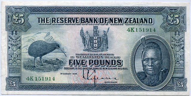 New Zealand banknotes 5 Pounds Maori Chief Kiwi money pictures images