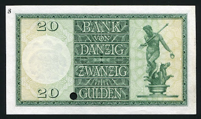 Danzig banknotes 20 Gulden banknote, Neptune Fountain Rare Paper Money