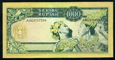 Paper Money Indonesia 1000 Rupiah banknote Javanese Bali Balinese dancers