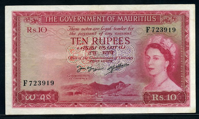 Mauritius paper money currency 10 Rupees banknote Queen Elizabeth