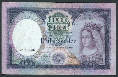 Portugal paper money 1000 Escudos banknote, Queen of Portugal.