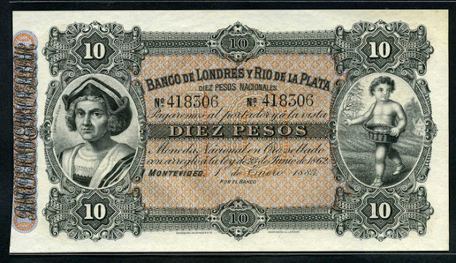 Uruguay world paper money 10 Pesos Banco de Londres y Rio de la Plata
