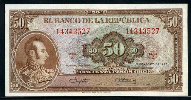 Colombia currency 50 Pesos Oro banknote Notafilia Numismática collecting paper money Papiergeld billete