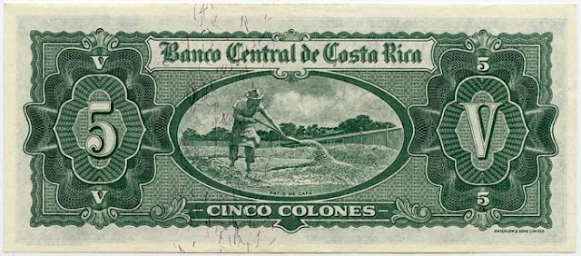 COSTA RICA 5 COLONES banknote Banco Nacional coffee worker