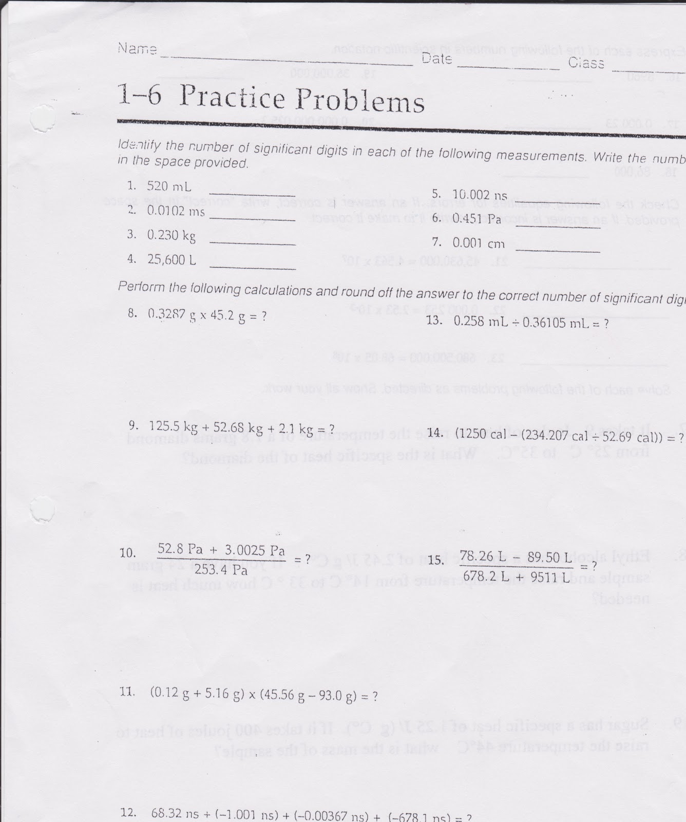 Chemistry: Due Fri Oct 7 Sig figs worksheet: