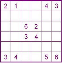 B Level Sudoku - Every row, column, and mini-grid must contain the numbers 1 - 6.