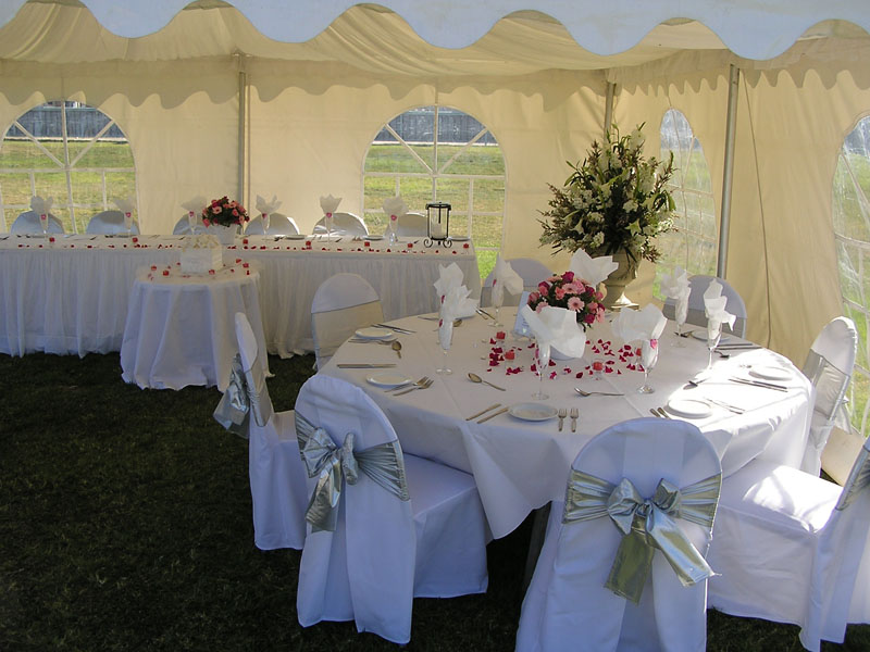 Have my wedding reception in a small party tent with beautiful flowers all 