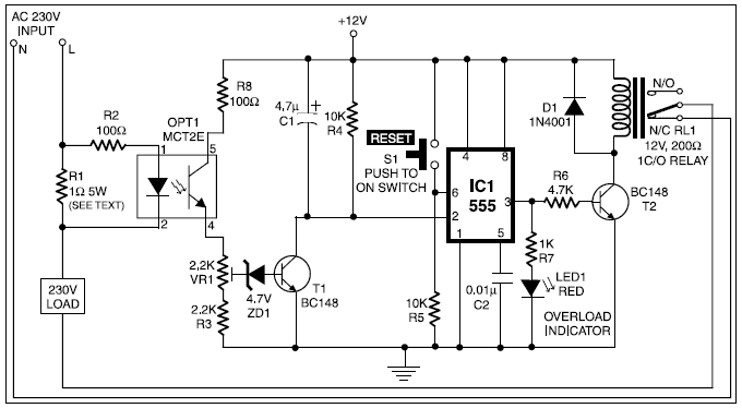 All Electronics: Overload protection circuit using 555 timer