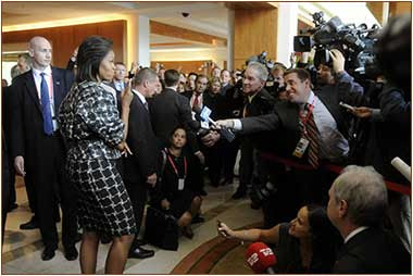 Michelle Obama with press in Copenhaghen