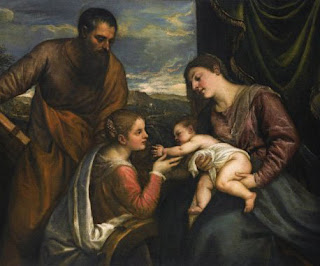 Tiziano: Sagrada Conversación: la Virgen y el niño con San Lucas y Santa Catalina de Alejandría