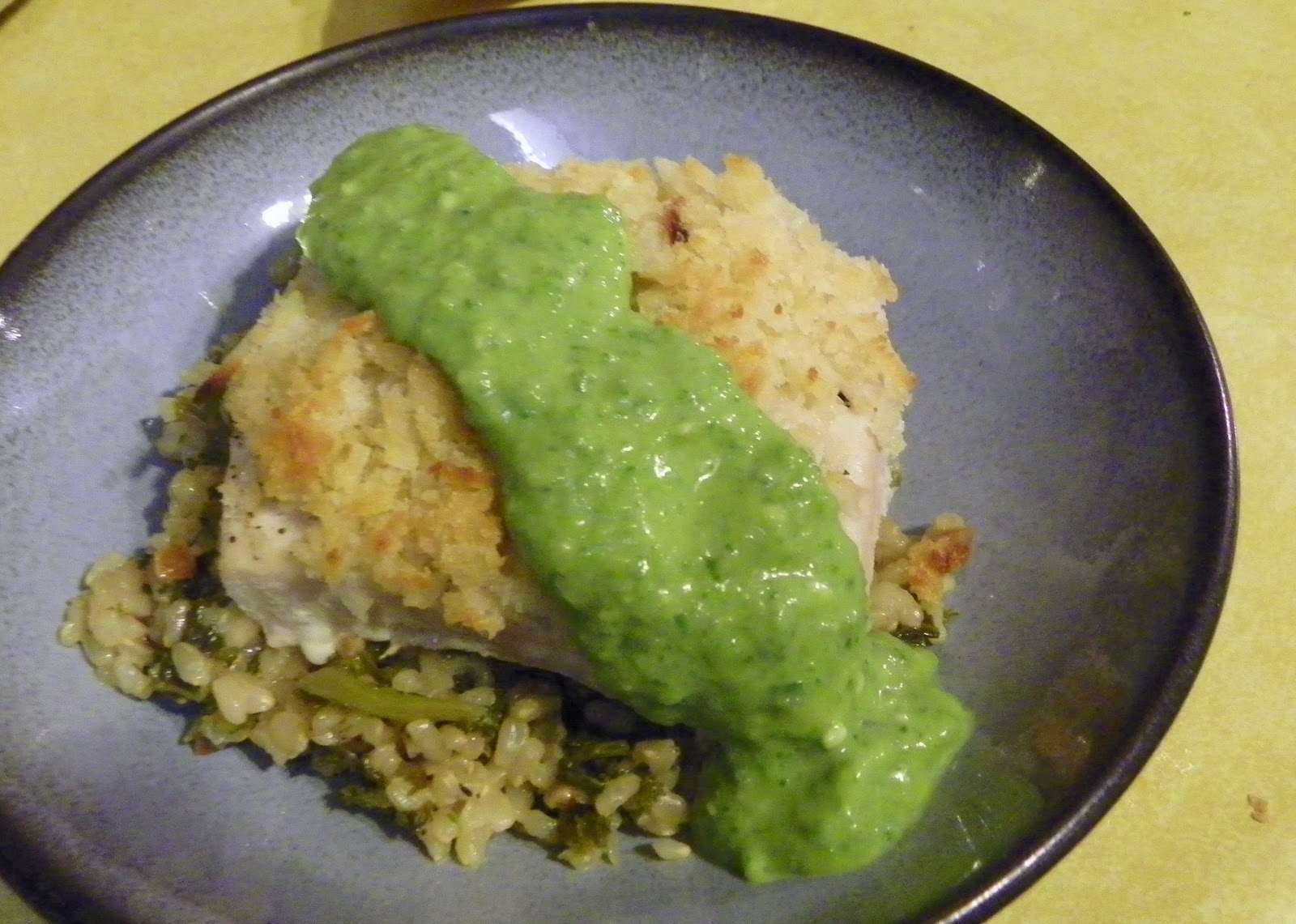 cooking Coconut Crusted Mahi Mahi with peanut rice and poblano avocado