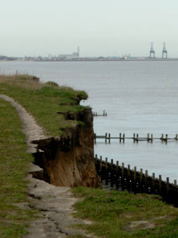 On the left, the footpath succombs to coastal erosion at Corton. On the right, a ship heads out to sea at Gorleston