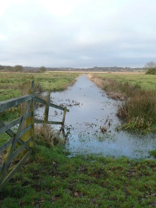 On the left is Eastbridge Village sign. On the right a view looking towards the Minsmere Toll Bridge, locally known as the Tu Penny bridge.